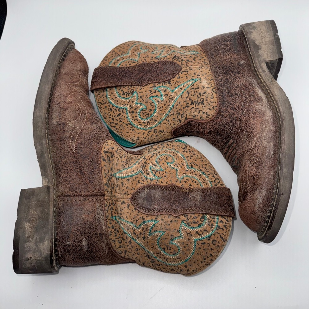 Ariat Fatbaby Brown Leather Leopard Print Western Boots Turquoise Women's 8B - Picture 6 of 11